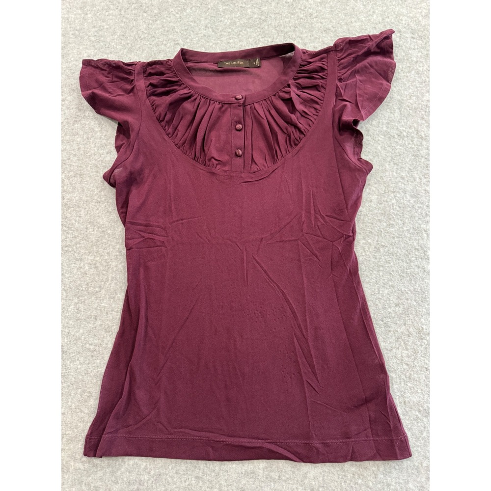 The Limited Women Burgundy Flutter Sleeve Mesh Pleated Bib Blouse Small